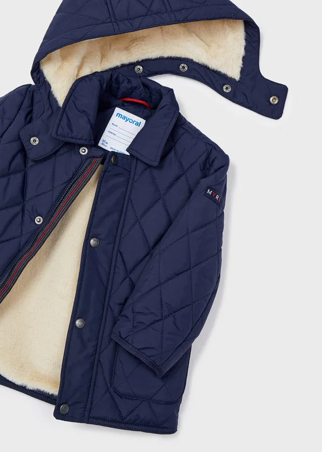 2417 Mayoral Boys Removable Hooded Padded Coat, Fur Lined, Navy Blue