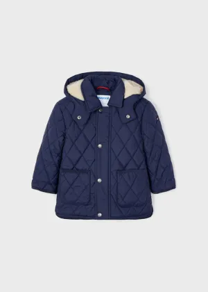 2417 Mayoral Boys Removable Hooded Padded Coat, Fur Lined, Navy Blue