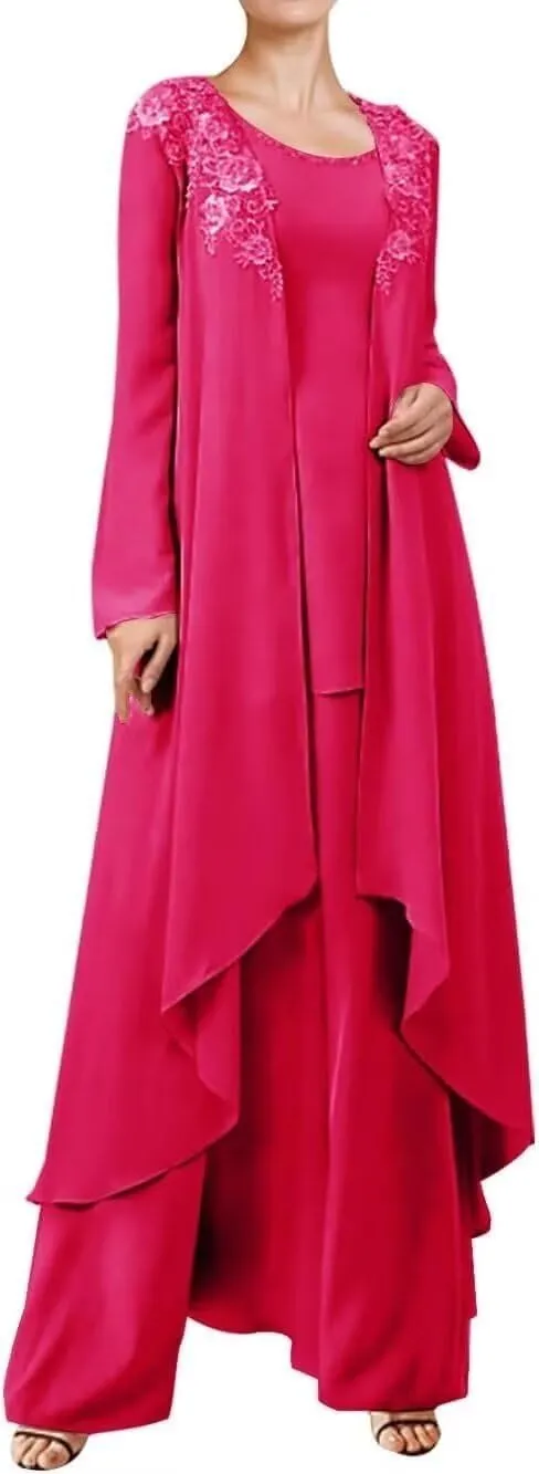3 Pieces Mother of The Bride Dressy Long Sleeve Pant Suits with Jacket for Wedding Guest Dress