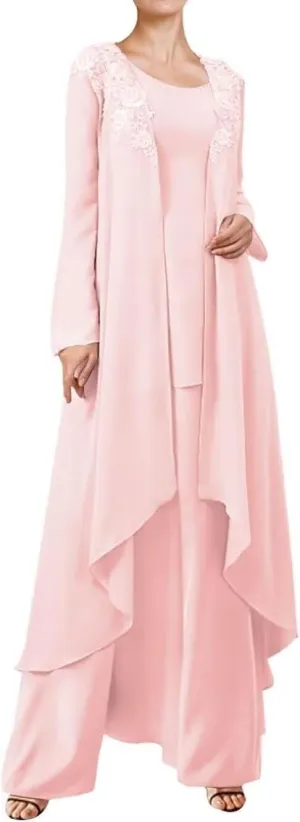 3 Pieces Mother of The Bride Dressy Long Sleeve Pant Suits with Jacket for Wedding Guest Dress