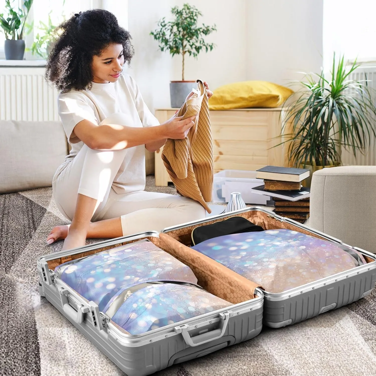 3 Set Travel Packing Cubes For Suitcases, Gemstone Glitter Pink Purple Yellow Blue, Stackable, Garment Bag Closet Storage, Luggage Space Saver, Luggages Management Personnel