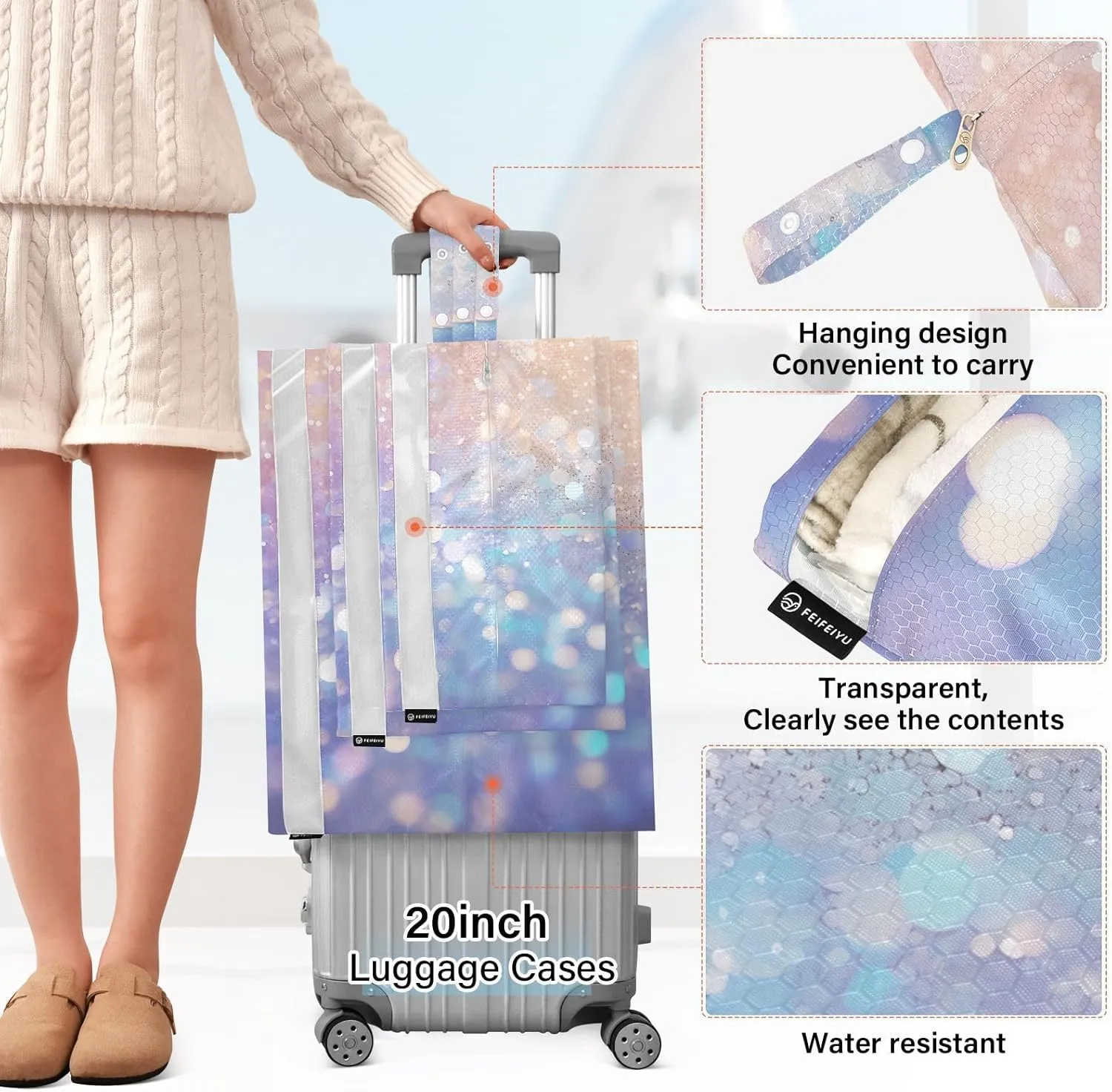 3 Set Travel Packing Cubes For Suitcases, Gemstone Glitter Pink Purple Yellow Blue, Stackable, Garment Bag Closet Storage, Luggage Space Saver, Luggages Management Personnel