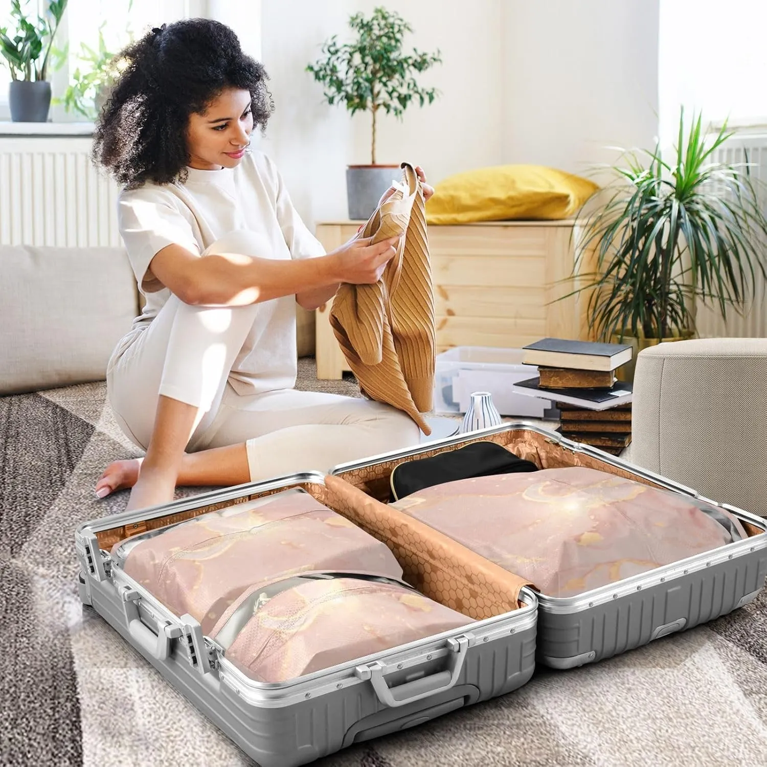 3 Set Travel Packing Cubes For Suitcases, Luxury Dusty Rose Gold Quartz, Stackable, Garment Bag Closet Storage, Luggage Space Saver, Luggages Management Personnel
