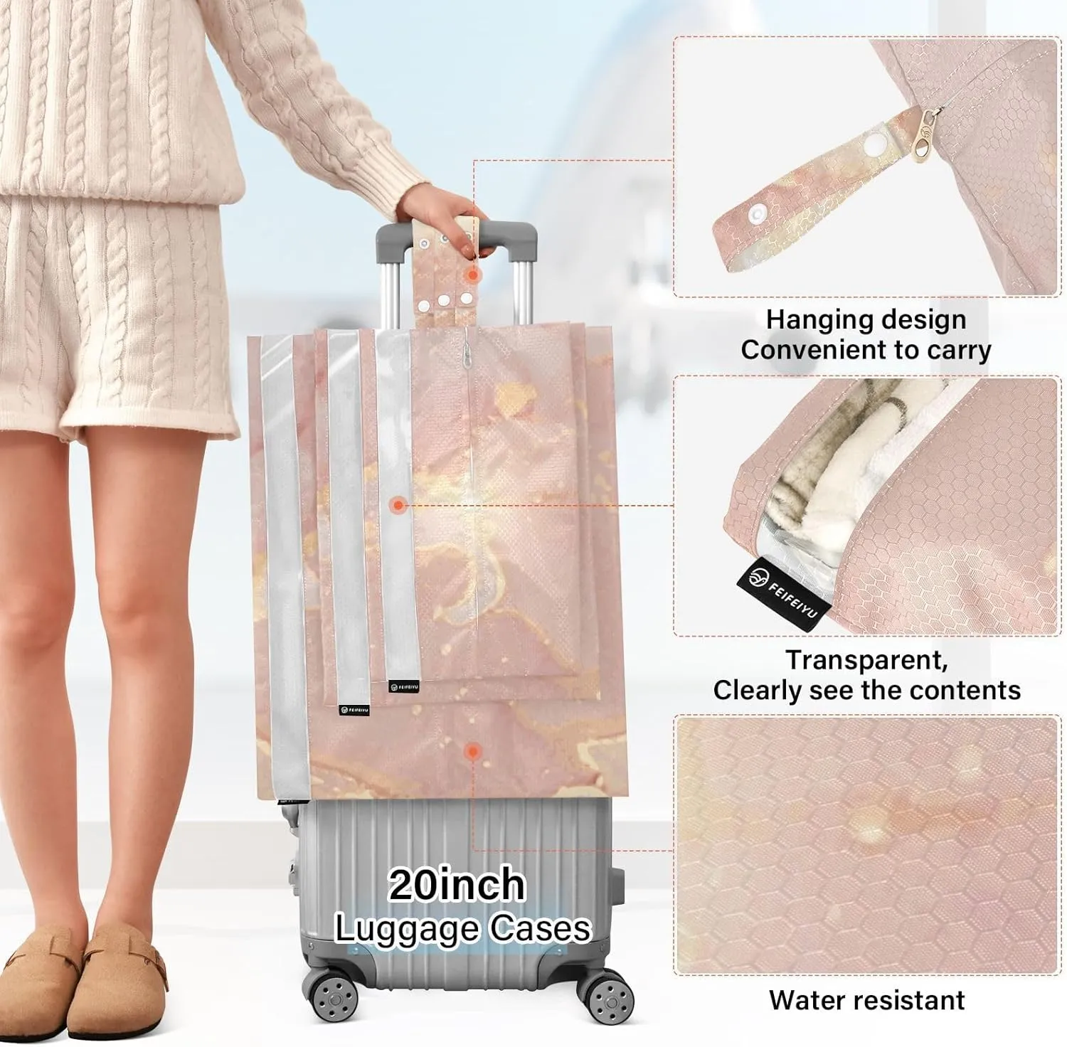 3 Set Travel Packing Cubes For Suitcases, Luxury Dusty Rose Gold Quartz, Stackable, Garment Bag Closet Storage, Luggage Space Saver, Luggages Management Personnel