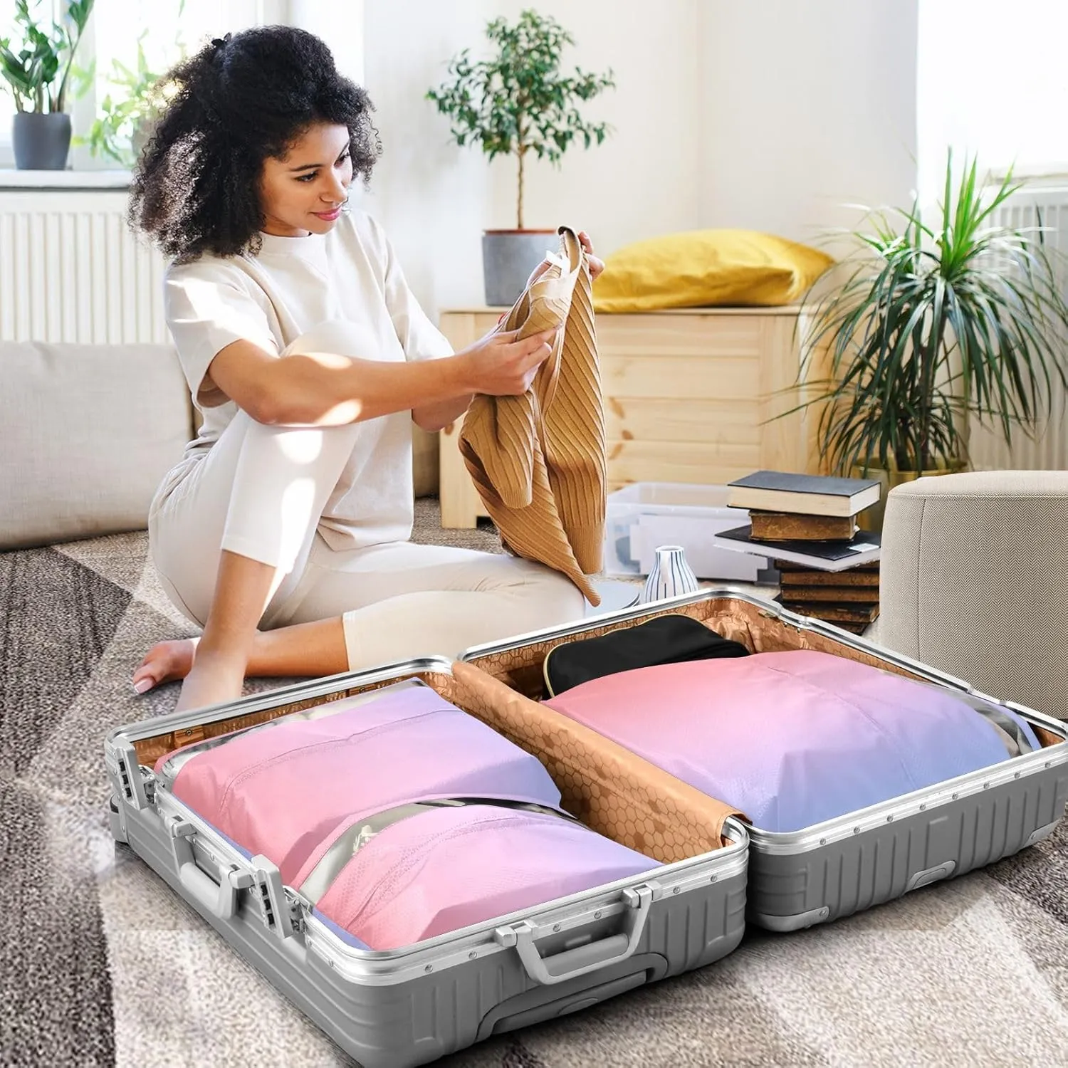 3 Set Travel Packing Cubes For Suitcases, Pink Purple Gradient, Stackable, Garment Bag Closet Storage, Luggage Space Saver, Luggages Management Personnel