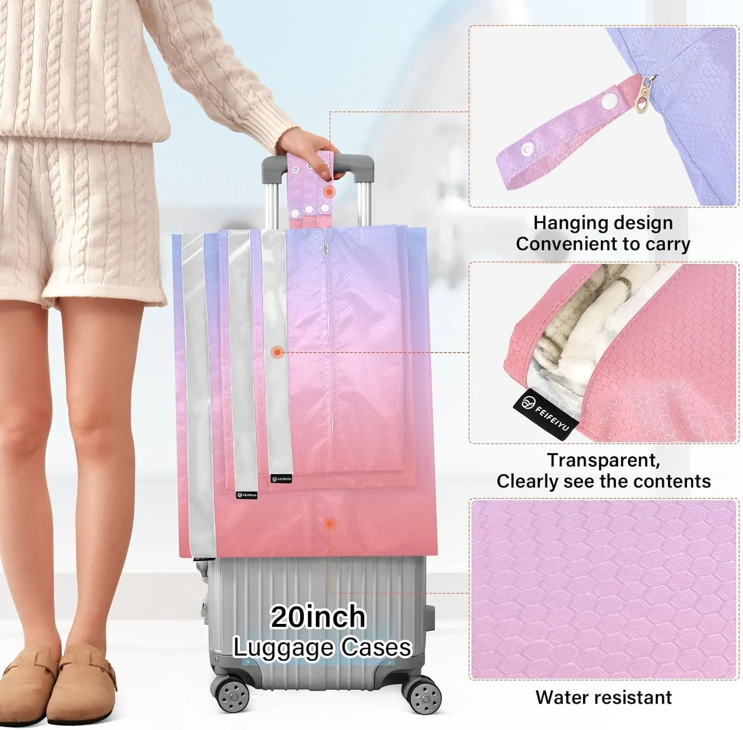 3 Set Travel Packing Cubes For Suitcases, Pink Purple Gradient, Stackable, Garment Bag Closet Storage, Luggage Space Saver, Luggages Management Personnel