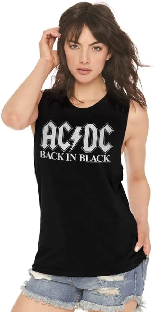 ACDC 1973 Heavy Metal Rock Band Music Group Back in Black Ladies Muscle Tank Top
