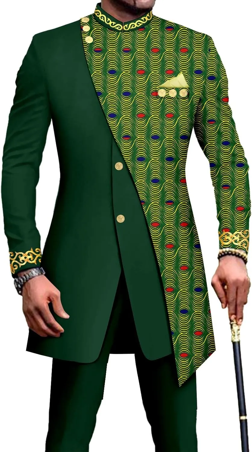 African Suits for Men Embroidery Print Blazer and Pants Set Business Suit Party Wedding Evening