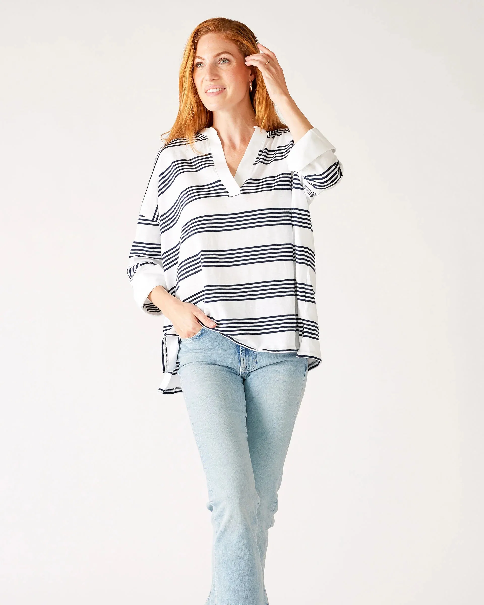 Amelia Cuff Tee in Striped Navy