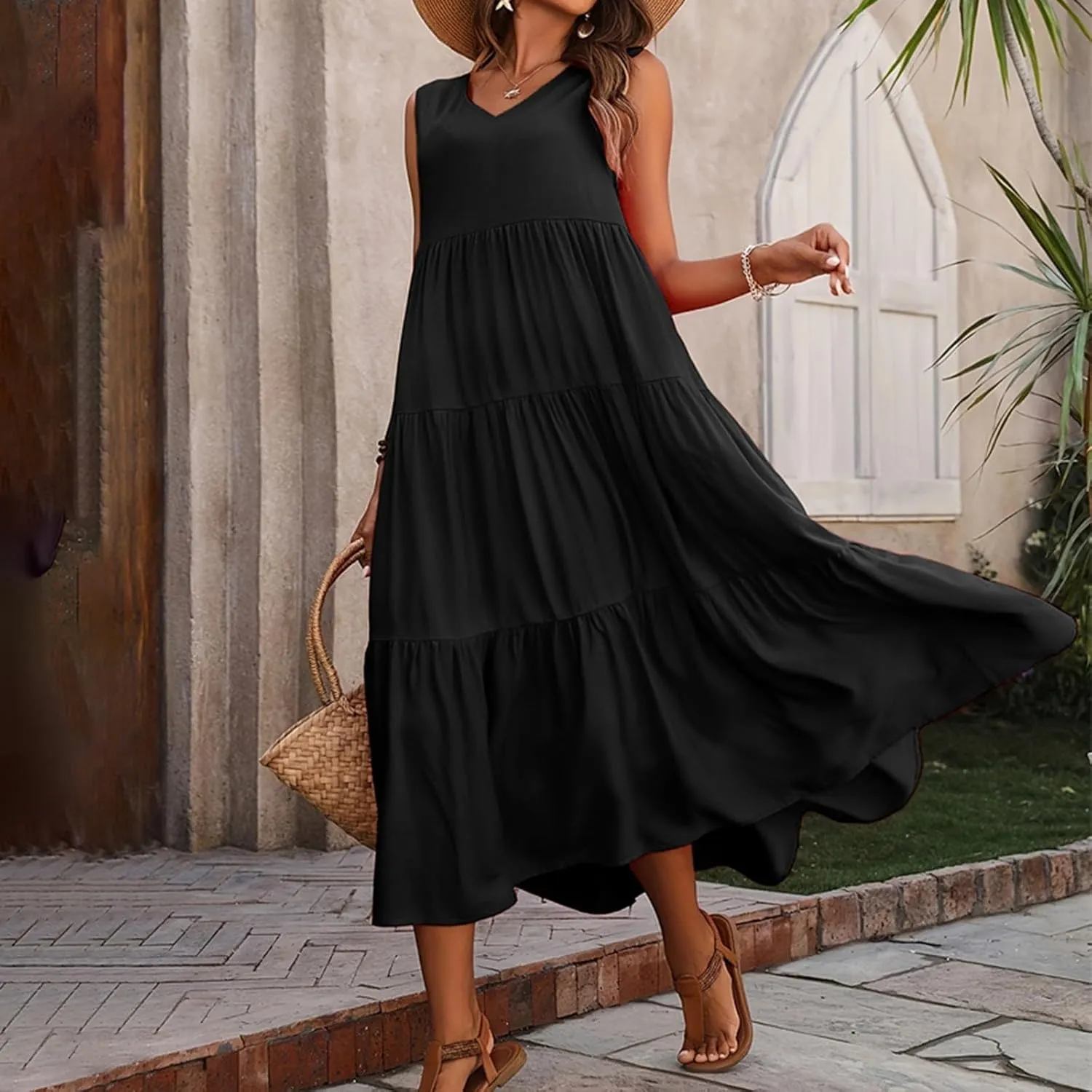 Aniywn Beach Sundresses for Women 2025 Vacation Coverup Summer Dresses for Women Beach Floral Sundress Casual Boho Tank Dress
