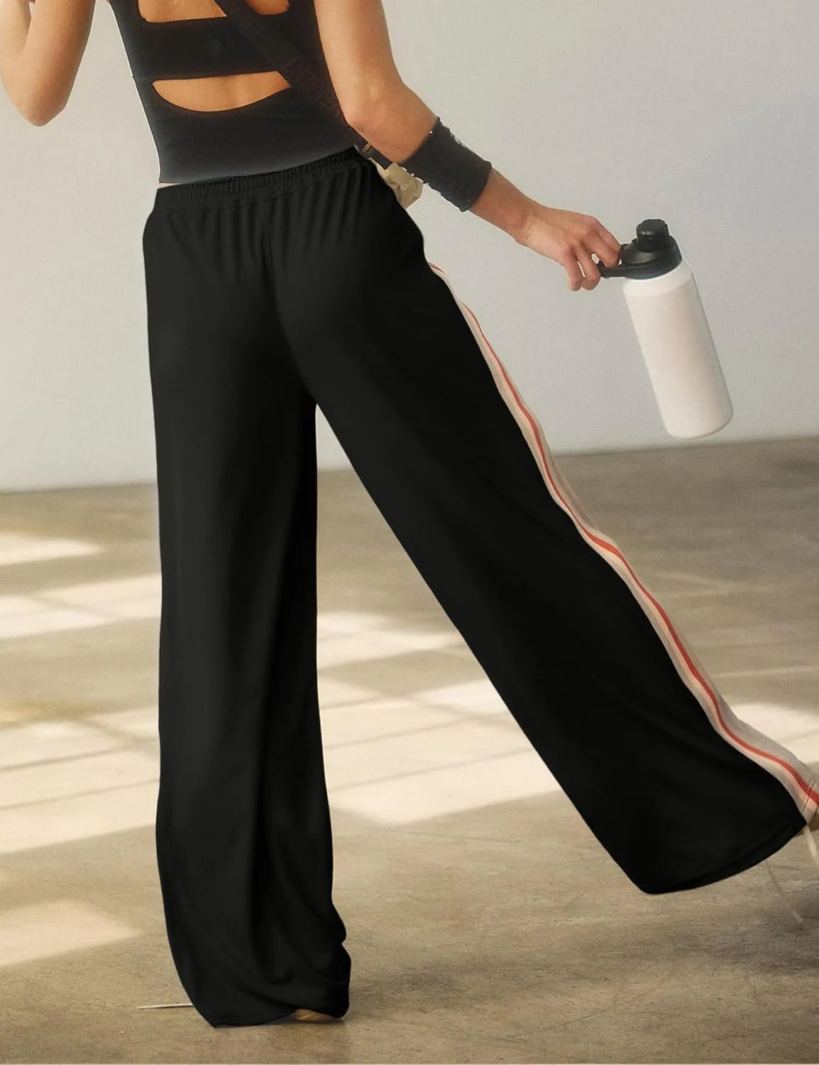 Athlisan Womens Athletic Wide Leg Trousers Side Stripes Drawstring Waist Casual Low Rise Palazzo Pants with Pockets