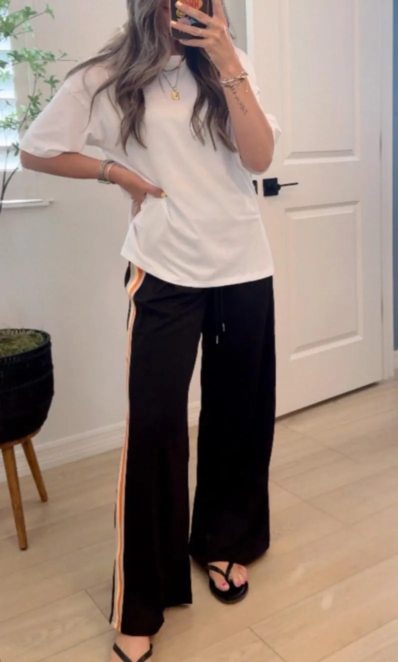 Athlisan Womens Athletic Wide Leg Trousers Side Stripes Drawstring Waist Casual Low Rise Palazzo Pants with Pockets
