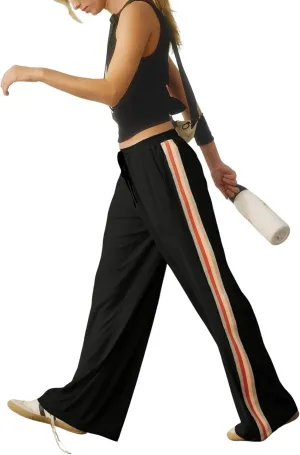 Athlisan Womens Athletic Wide Leg Trousers Side Stripes Drawstring Waist Casual Low Rise Palazzo Pants with Pockets
