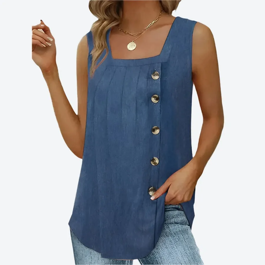 Button Detail Square Neckline Tops