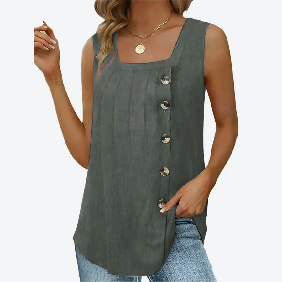 Button Detail Square Neckline Tops
