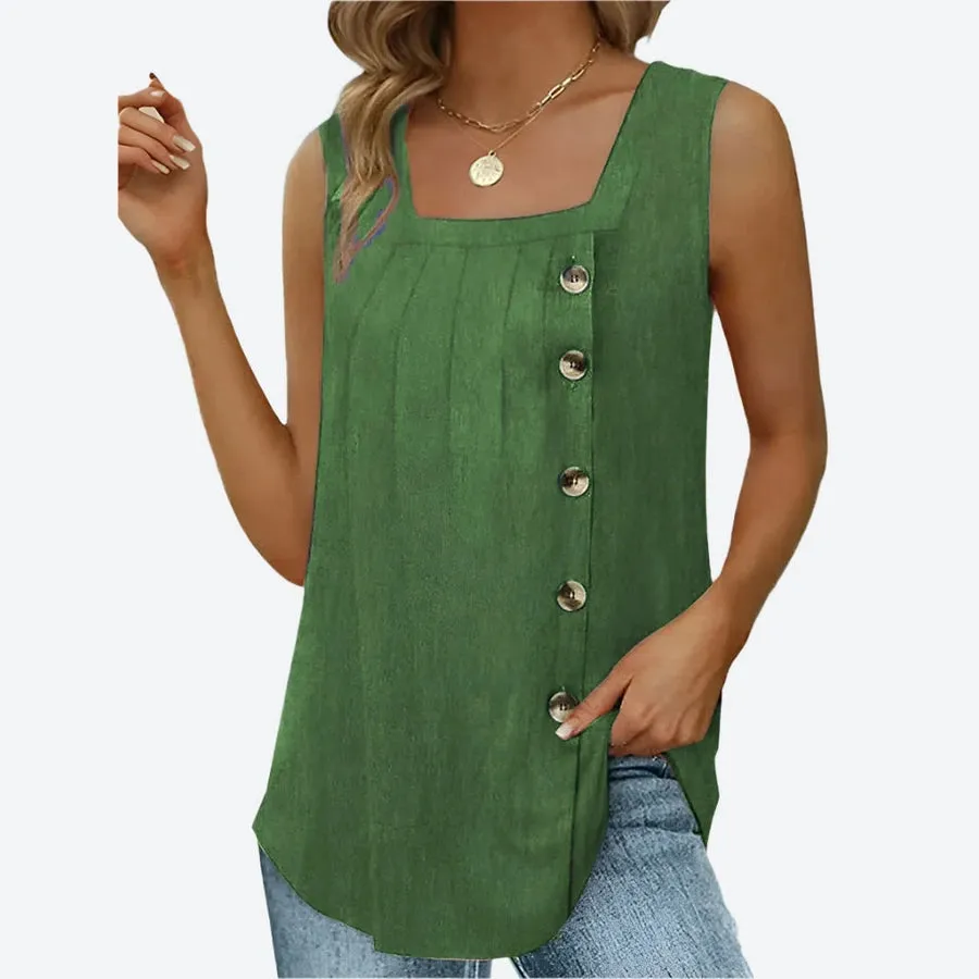 Button Detail Square Neckline Tops