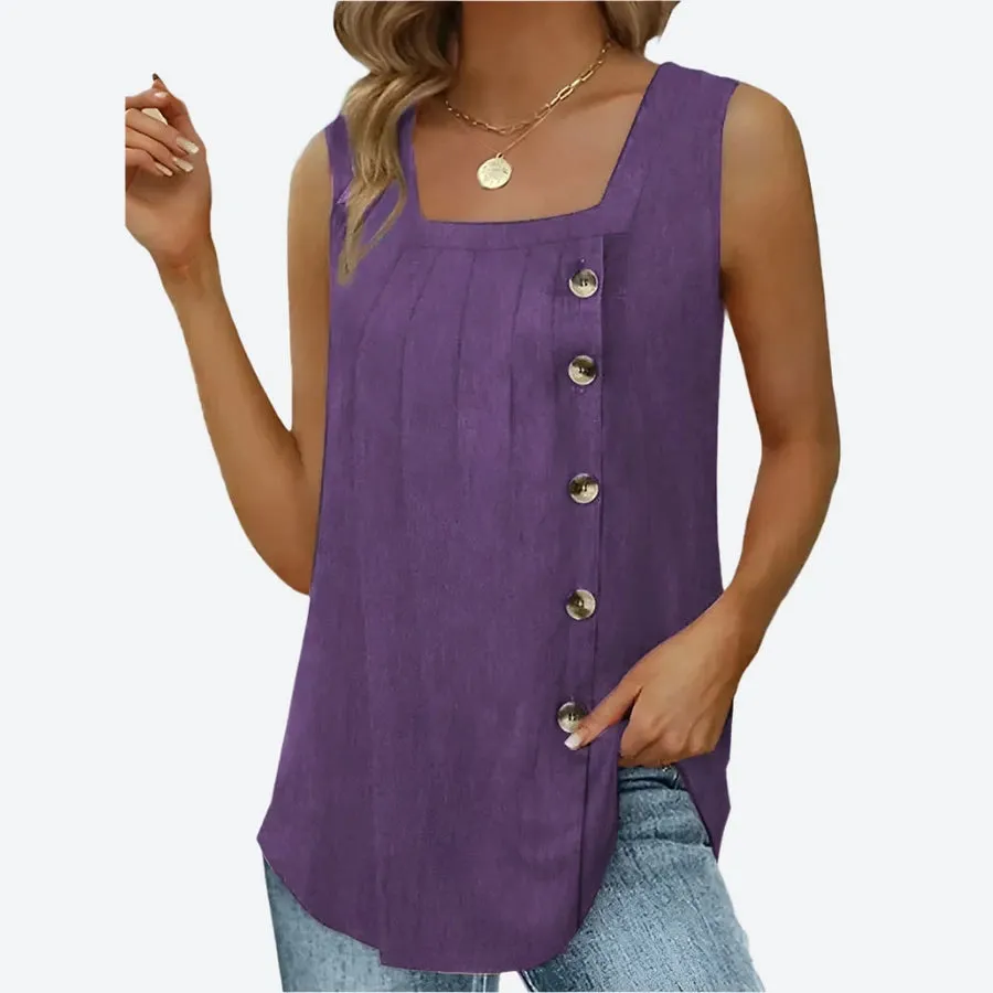 Button Detail Square Neckline Tops