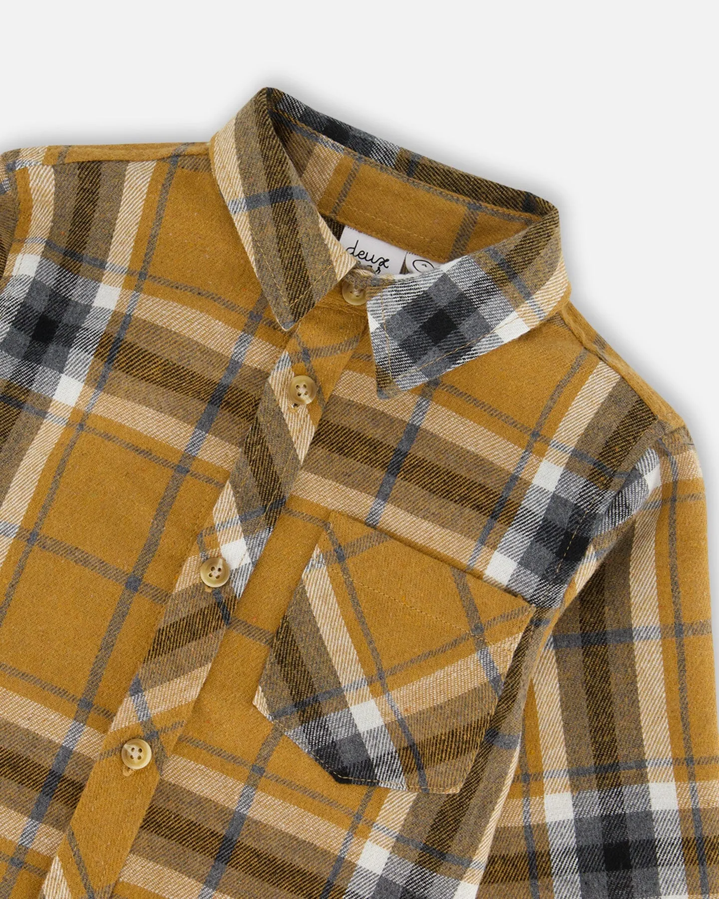 Button Down Flannel Shirt With Pocket Plaid Golden Yellow And Gray