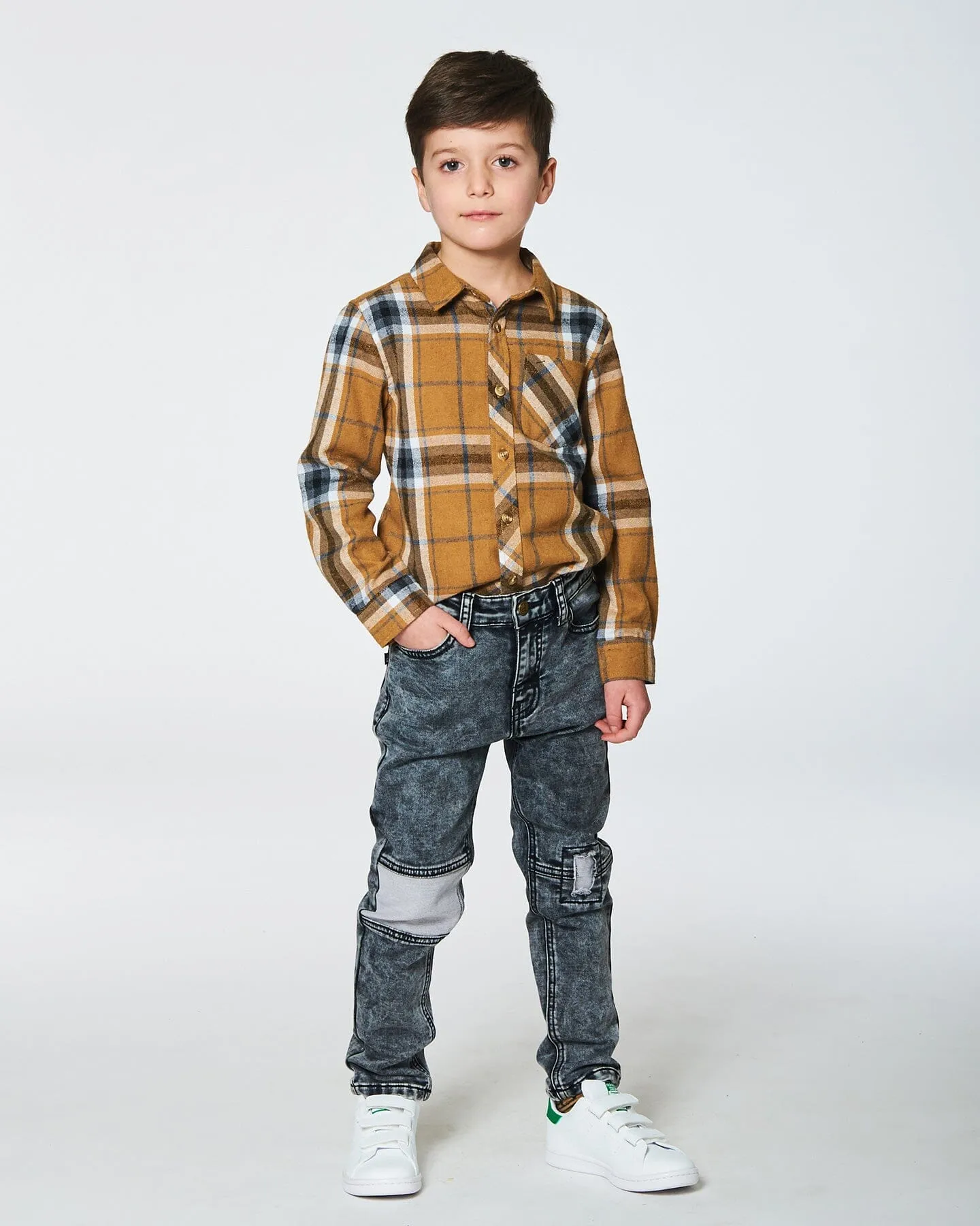 Button Down Flannel Shirt With Pocket Plaid Golden Yellow And Gray