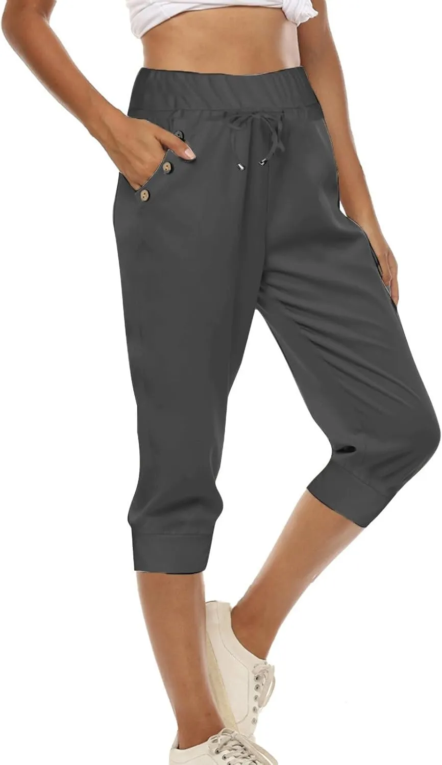 Capri Pants for Women High Waisted Drawstring Trousers Stretch Lightweight Hiking Pant Capri Joggers with Pockets