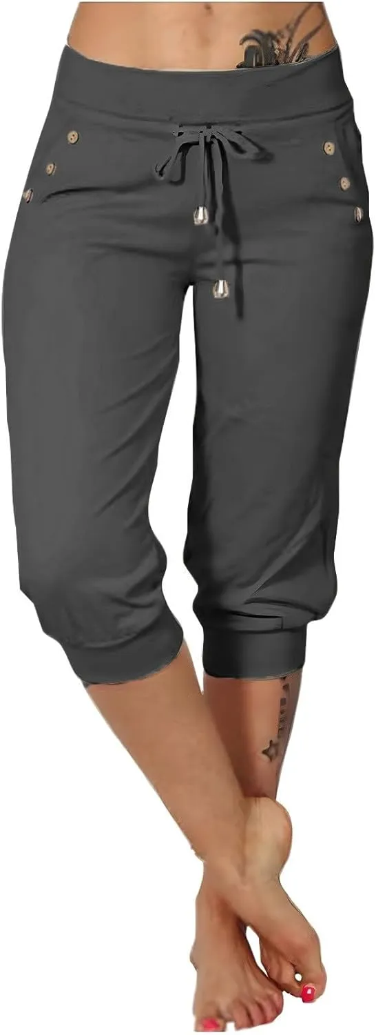 Capri Pants for Women High Waisted Drawstring Trousers Stretch Lightweight Hiking Pant Capri Joggers with Pockets
