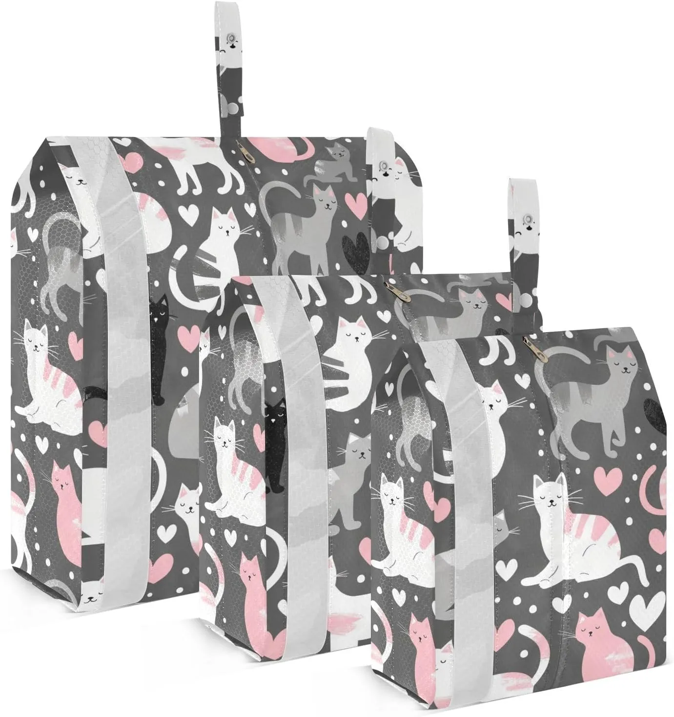 Cartoon Cute Grey White Peach Cats 3pcs Travel Packing Storage Bags With Zipper Garment Bag Closet Storage Clothes Bags Dorm Clothes Storage