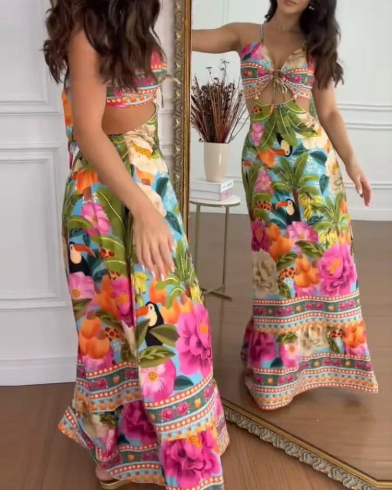 CHICME Women's Floral Maxi Dresses Spaghetti Strap V Neck Boho Dress Lace Up Cutout Casual Summer Beach Sundress