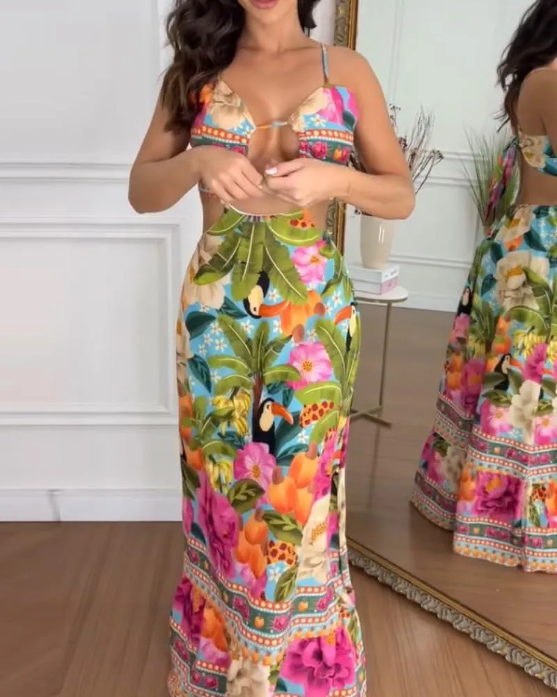 CHICME Women's Floral Maxi Dresses Spaghetti Strap V Neck Boho Dress Lace Up Cutout Casual Summer Beach Sundress