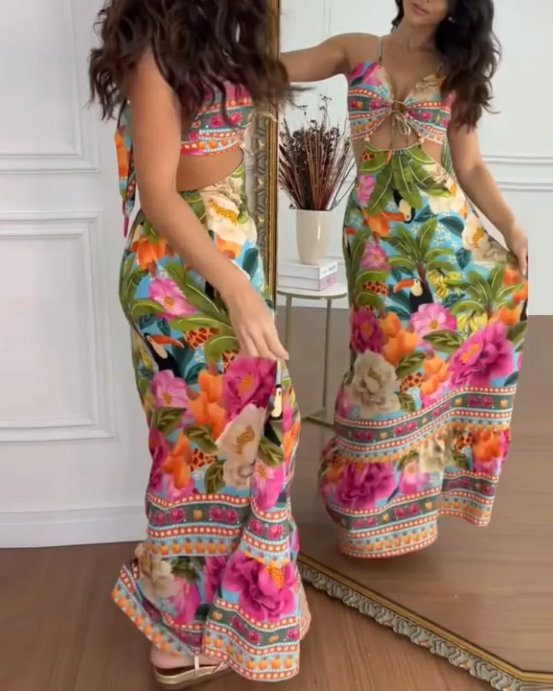 CHICME Women's Floral Maxi Dresses Spaghetti Strap V Neck Boho Dress Lace Up Cutout Casual Summer Beach Sundress