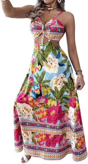 CHICME Women's Floral Maxi Dresses Spaghetti Strap V Neck Boho Dress Lace Up Cutout Casual Summer Beach Sundress