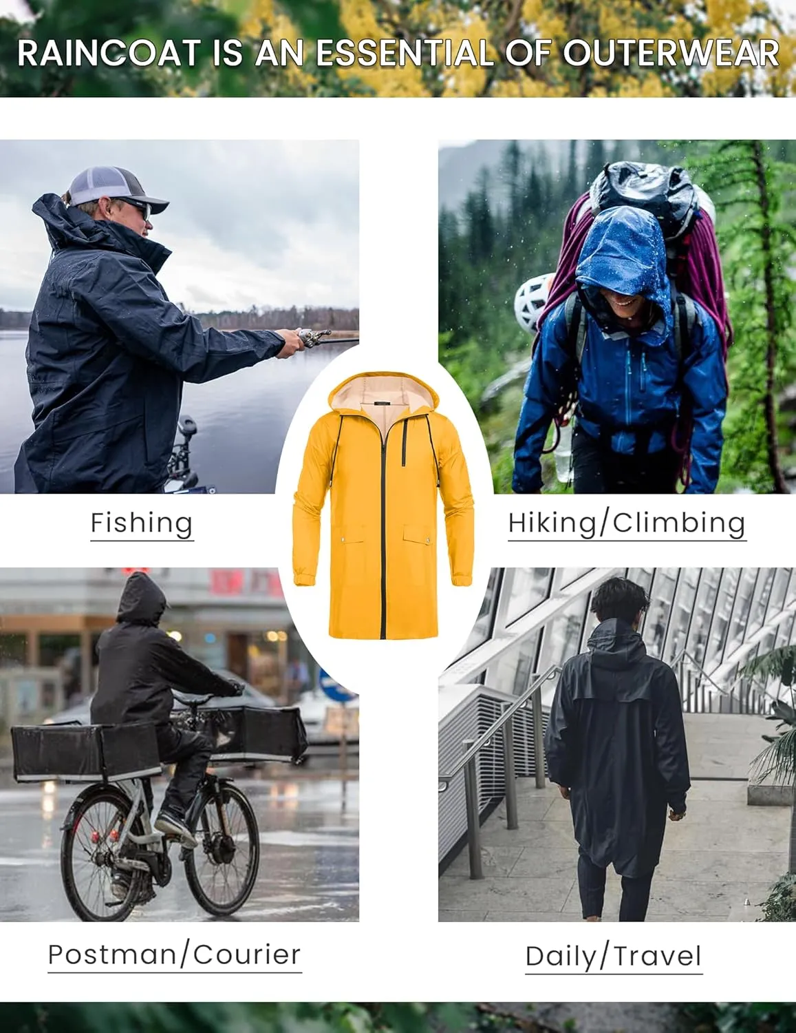 COOFANDY Men's Long Raincoat Ligtweight Rain Jacket Waterproof Outdoor Jackets with Hood