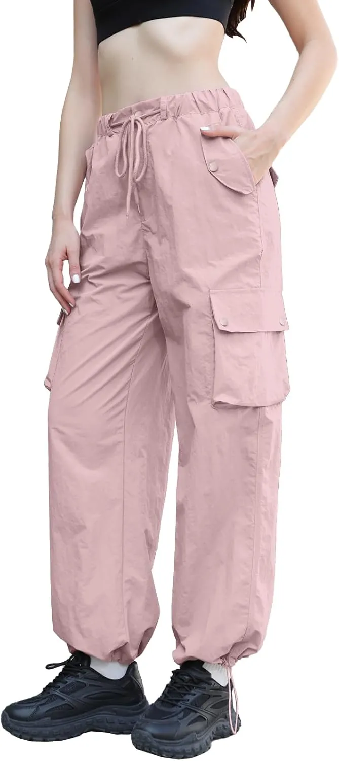 Cromoncent Girls & Womens High Waist Parachute Pants Y2K Waterproof Cargo Trousers with Pockets 6 Years-Women 3XL