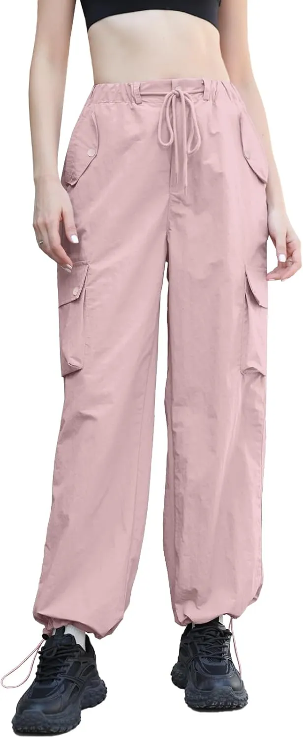 Cromoncent Girls & Womens High Waist Parachute Pants Y2K Waterproof Cargo Trousers with Pockets 6 Years-Women 3XL