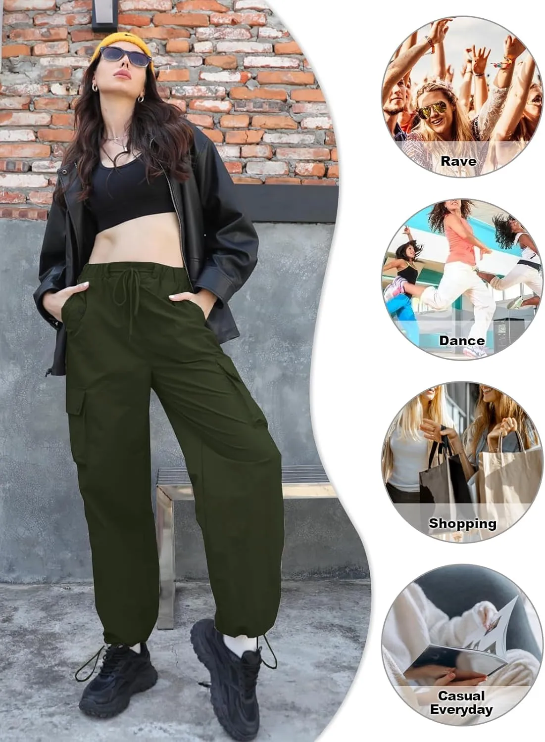 Cromoncent Girls & Womens High Waist Parachute Pants Y2K Waterproof Cargo Trousers with Pockets 6 Years-Women 3XL