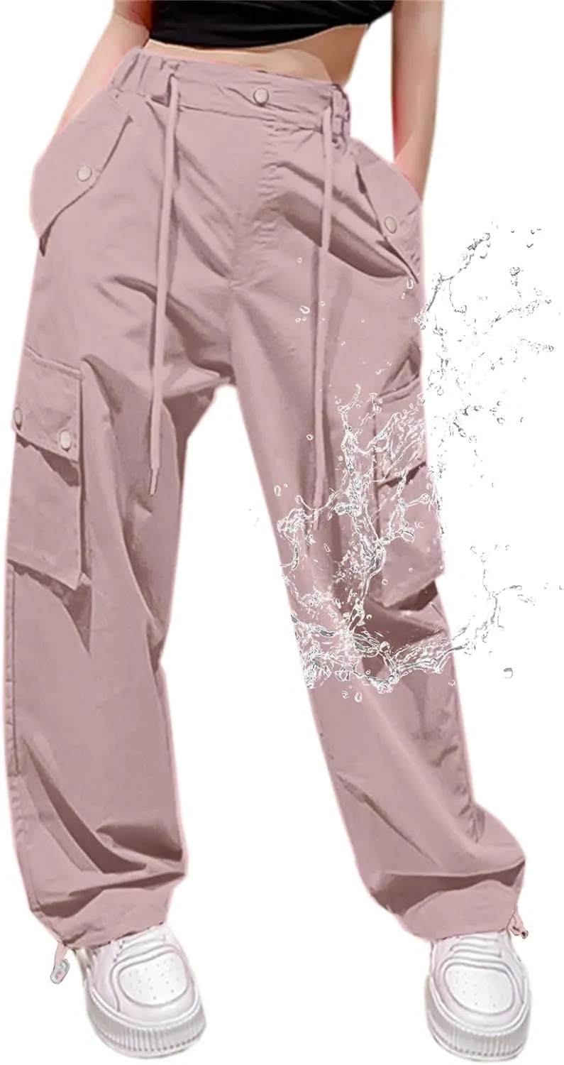 Cromoncent Girls & Womens High Waist Parachute Pants Y2K Waterproof Cargo Trousers with Pockets 6 Years-Women 3XL