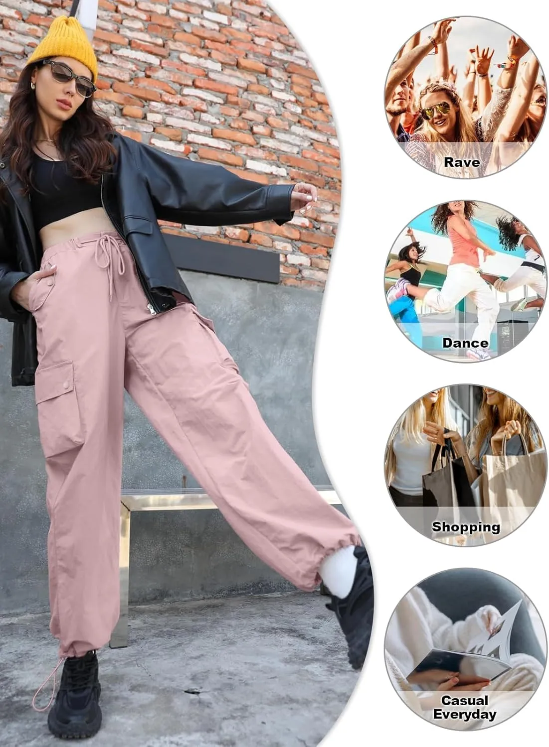 Cromoncent Girls & Womens High Waist Parachute Pants Y2K Waterproof Cargo Trousers with Pockets 6 Years-Women 3XL