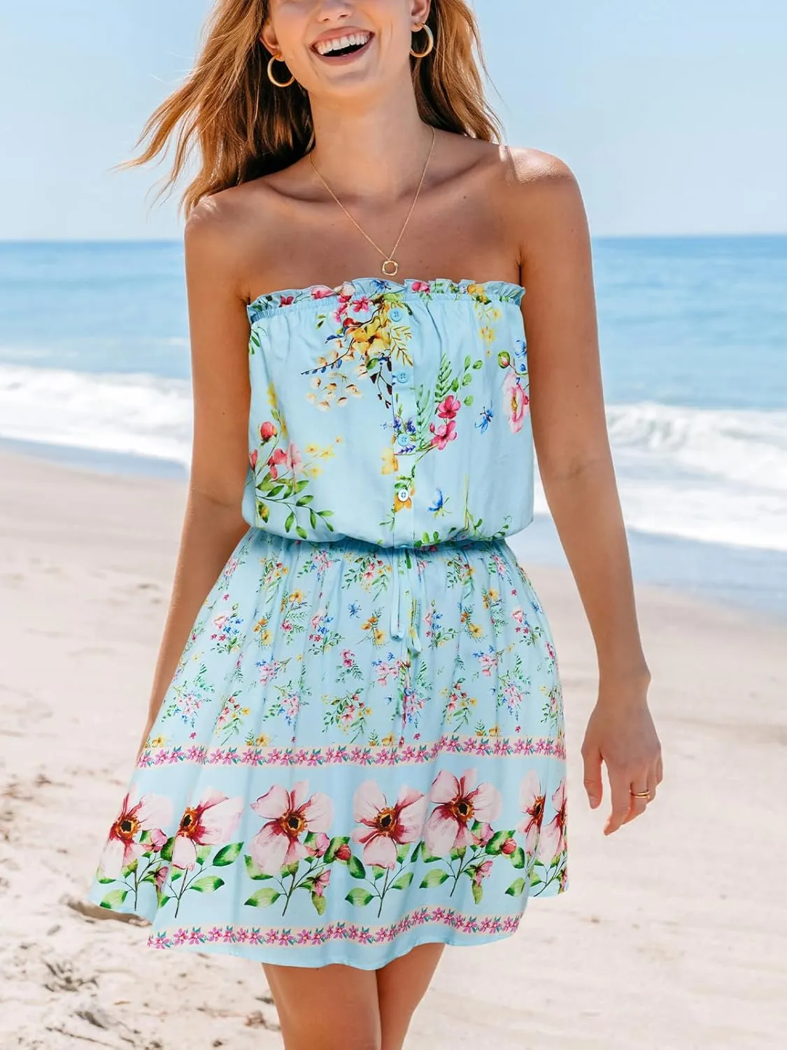 CUPSHE Women's Mini Dress Strapless Ruffled Sleeveless Floral Belted A Line Short Beach Summer Dresses 2025