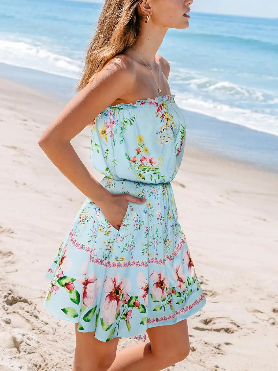 CUPSHE Women's Mini Dress Strapless Ruffled Sleeveless Floral Belted A Line Short Beach Summer Dresses 2025