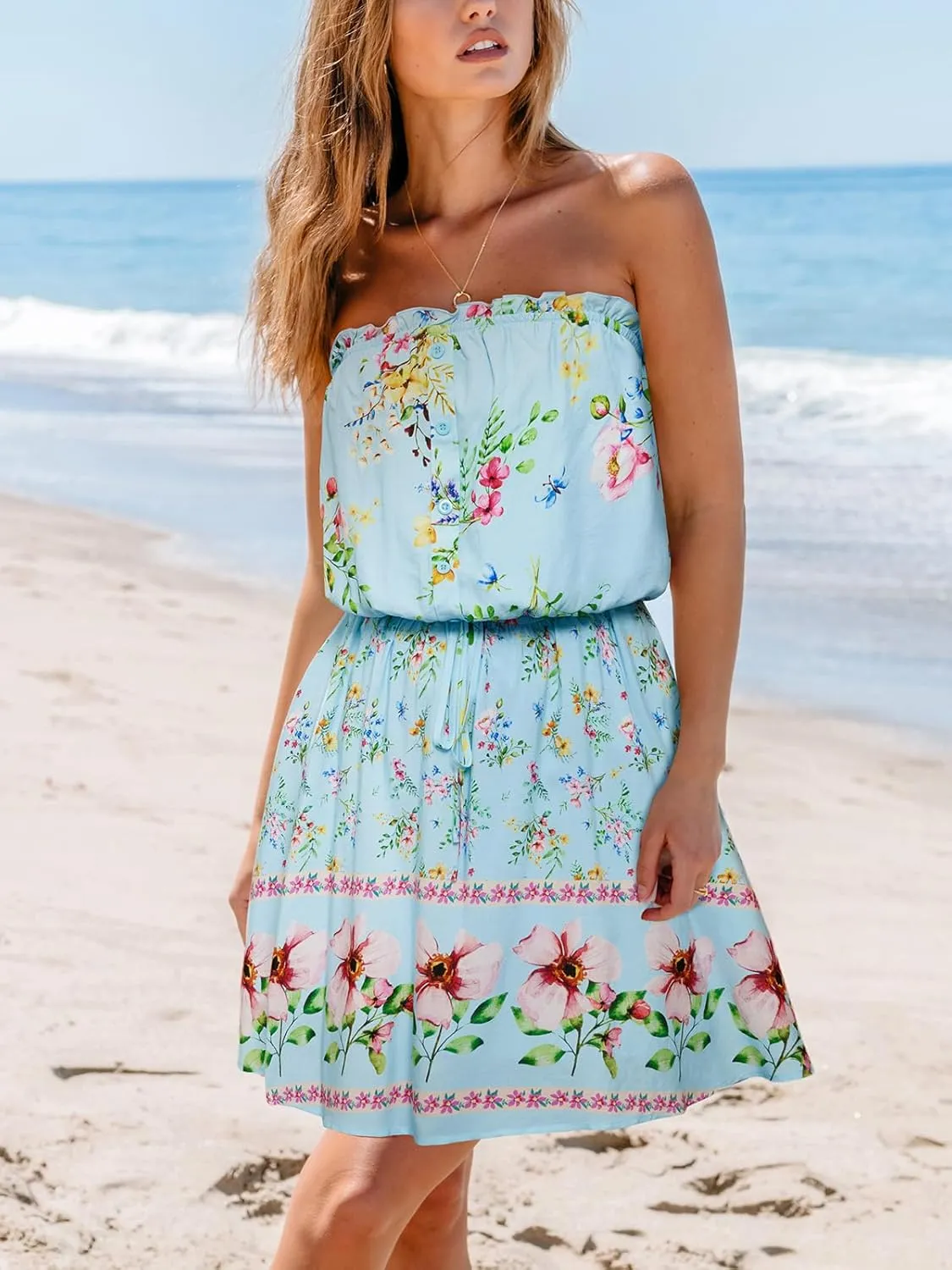 CUPSHE Women's Mini Dress Strapless Ruffled Sleeveless Floral Belted A Line Short Beach Summer Dresses 2025