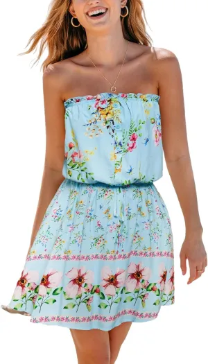 CUPSHE Women's Mini Dress Strapless Ruffled Sleeveless Floral Belted A Line Short Beach Summer Dresses 2025