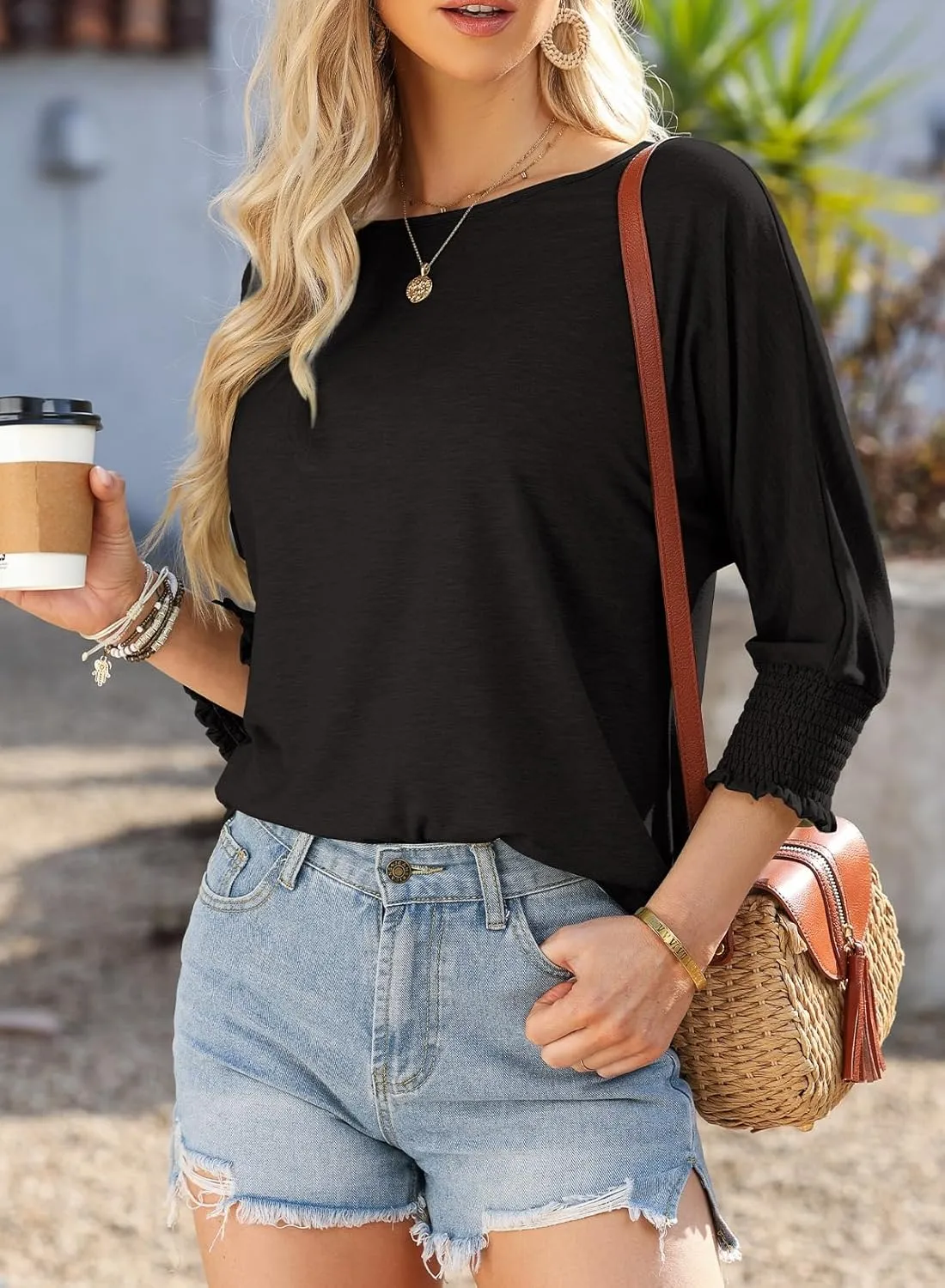 Dokotoo Women's 2025 Fashion Tops 3/4 Sleeve T-Shirts Cute Crewneck Basic Business Tees Blouses