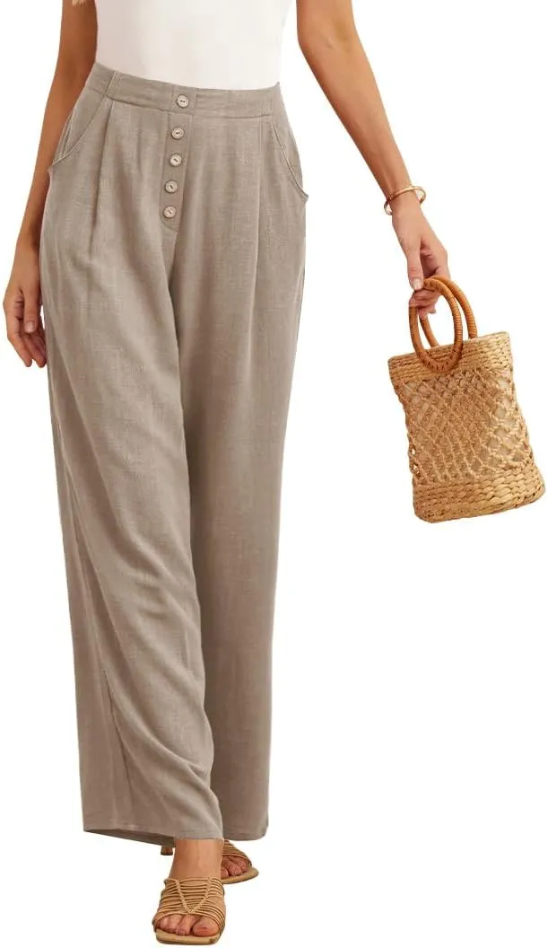 Feiersi Women's Linen Wide Leg Pants High Waisted Business Casual Palazzo Flowy Trousers with Pockets
