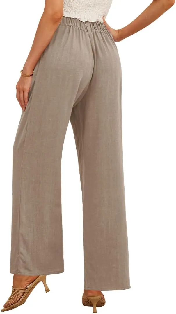 Feiersi Women's Linen Wide Leg Pants High Waisted Business Casual Palazzo Flowy Trousers with Pockets