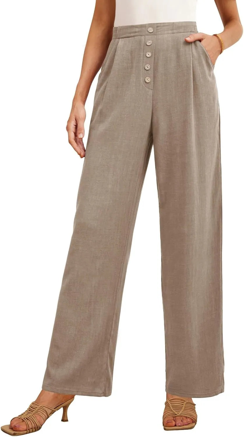 Feiersi Women's Linen Wide Leg Pants High Waisted Business Casual Palazzo Flowy Trousers with Pockets