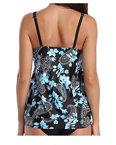 Flattering Black Blouson Tank Top Women's Tankini Tops Only-Blue Floral