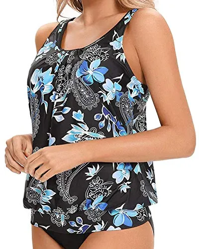 Flattering Black Blouson Tank Top Women's Tankini Tops Only-Blue Floral
