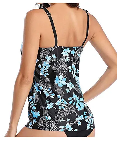 Flattering Black Blouson Tank Top Women's Tankini Tops Only-Blue Floral