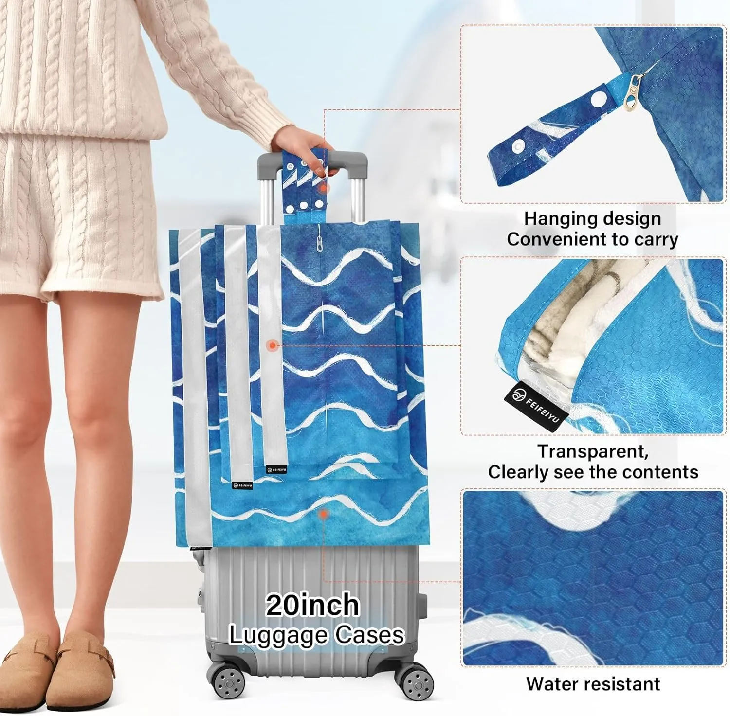 Garment Bag Closet Storage, Luggage Space Saver, Blue Wave Stripes, Waterproof, 3 Set Travel Packing Cubes For Suitcases, Luggages Management Personnel
