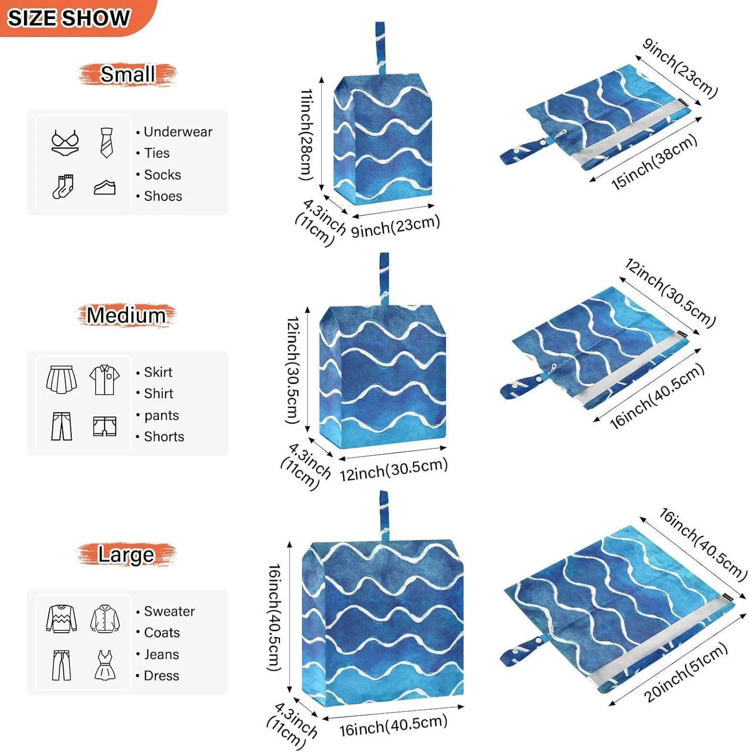 Garment Bag Closet Storage, Luggage Space Saver, Blue Wave Stripes, Waterproof, 3 Set Travel Packing Cubes For Suitcases, Luggages Management Personnel
