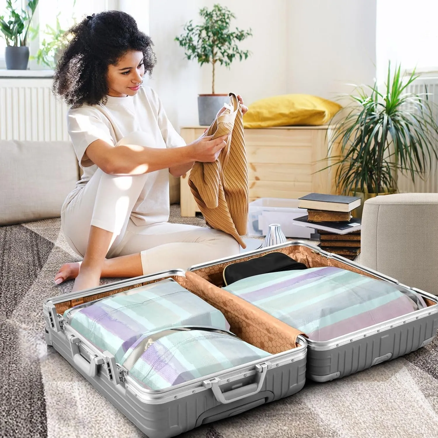Garment Bag Closet Storage, Luggage Space Saver, Watercolor Stripes, Waterproof, 3 Set Travel Packing Cubes For Suitcases, Luggages Management Personnel